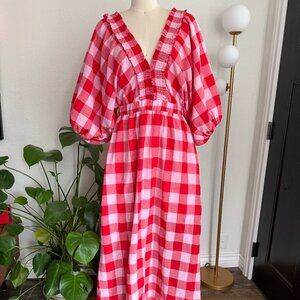 Sugarlips Gingham Plaid A line V Neck Maxi Sleeve Dress Cottage Prairie Easter